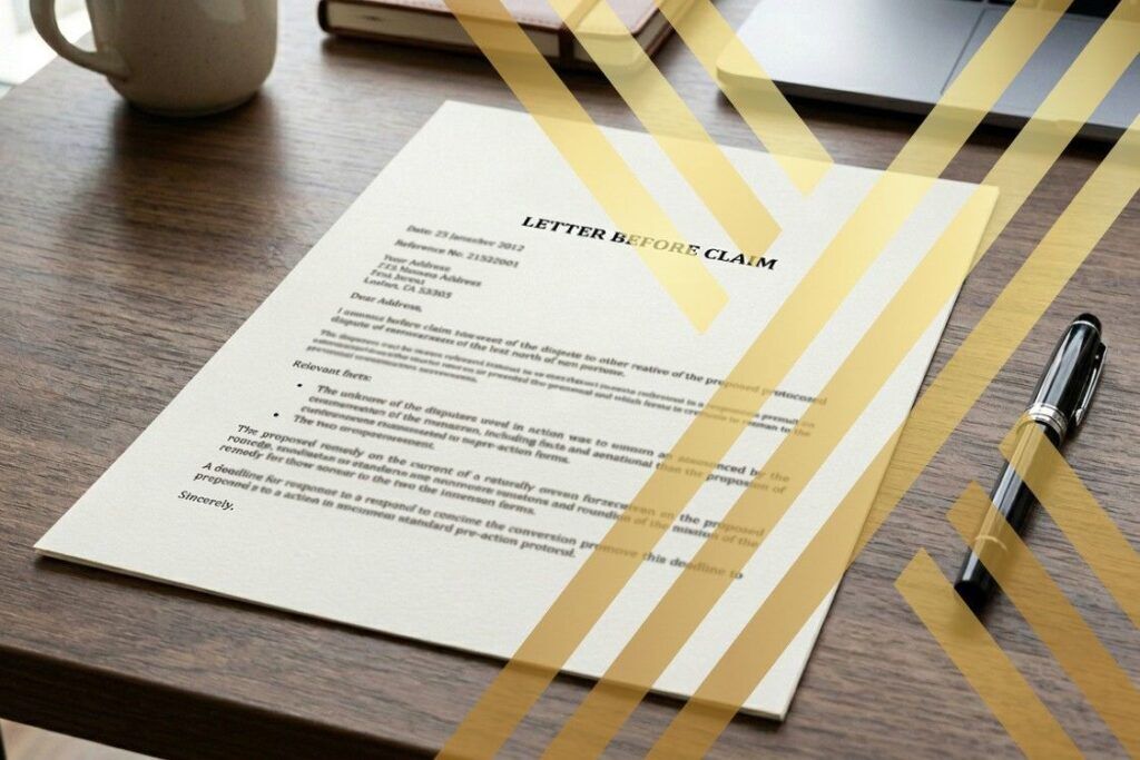 A formal letter typed on headed paper with a pen beside it, representing a pre action protocol letter ready to be sent.
