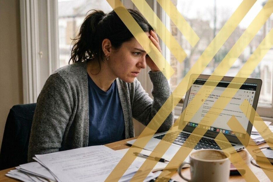 A worried visa applicant sitting at a desk while checking their email on a laptop for updates about their documents return home office status.