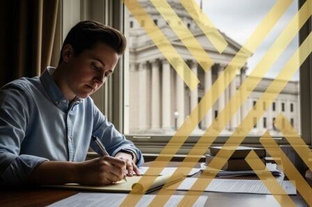 Person writing a witness statement at a desk with a court building in the background, representing preparing legal documents in England and Wales.