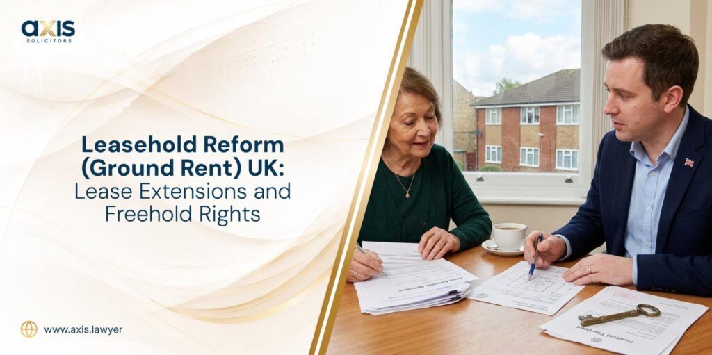 A solicitor sits at a table with a client reviewing property documents and a floor plan, discussing the leasehold reform (ground rent) UK with lease extensions and freehold rights in the UK.) leasehold reform ground rent uk